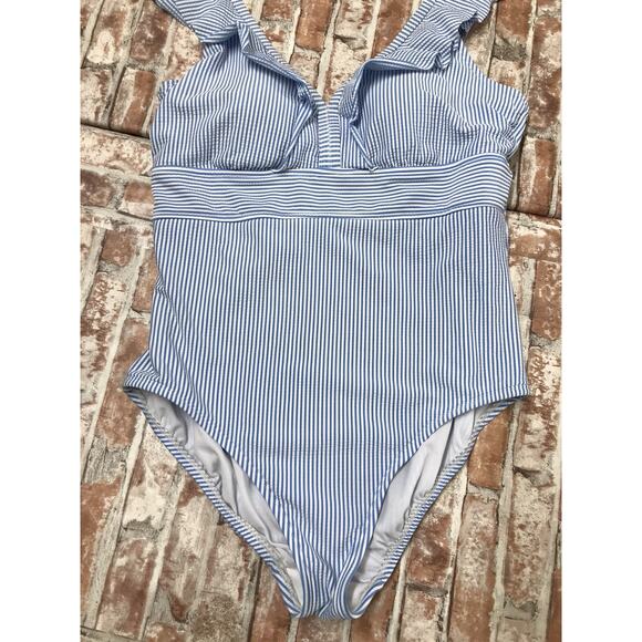 Time Tru Womens Ruffle Strap One Piece Swim Bathing Suit Padded L 12-14 Blu/whit - Picture 4 of 9